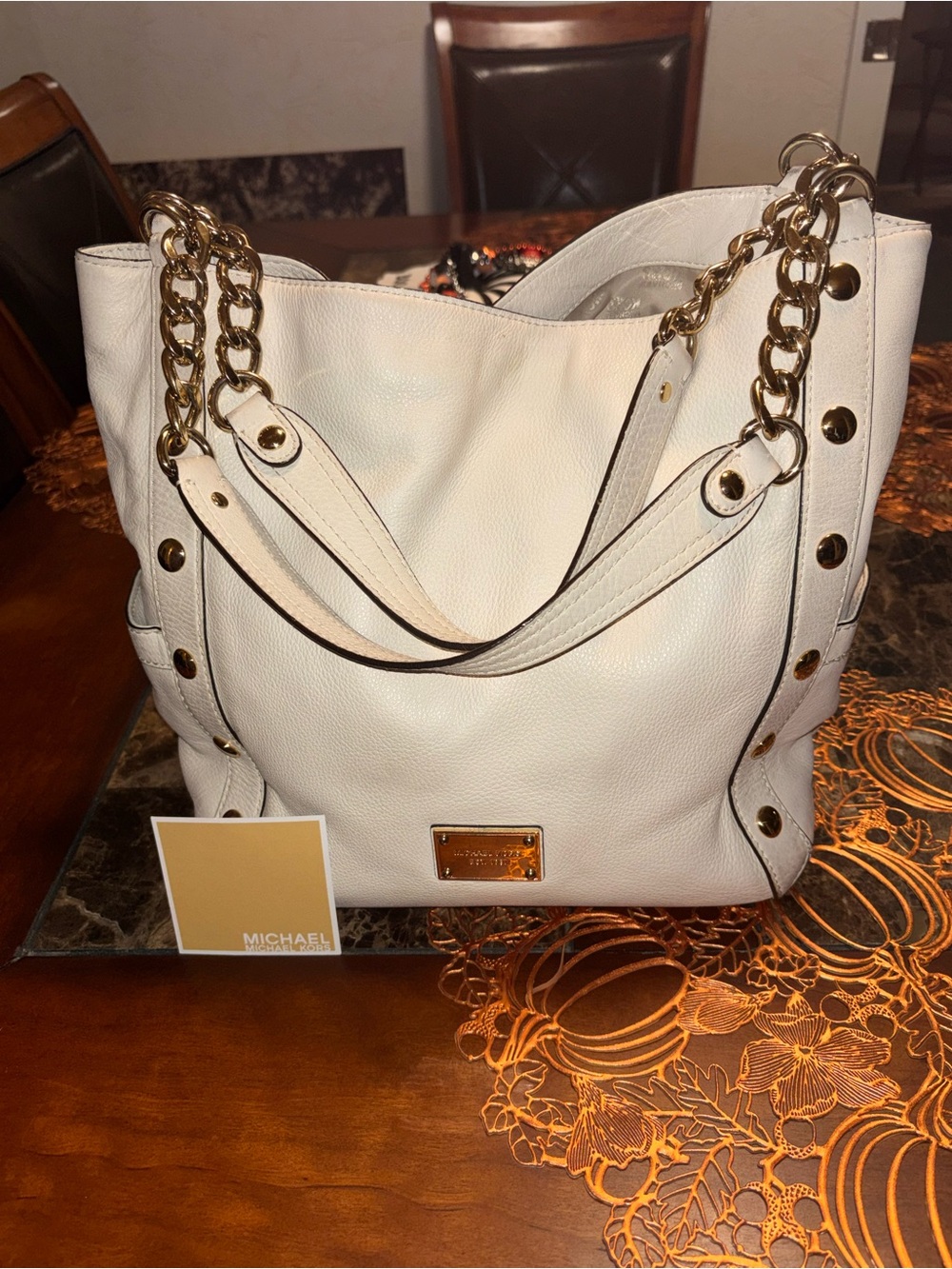 Michael Kors White Leather Shoulder Tote with Gold Chain Straps
